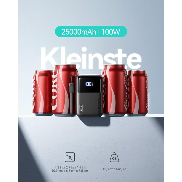 Портативний зарядний акумулятор INIU на 25000mAh, 100W, USB-C, для ноутбуків, телефонів, iPad, DJI, камер, iPhone 17/16/15/14, чорний