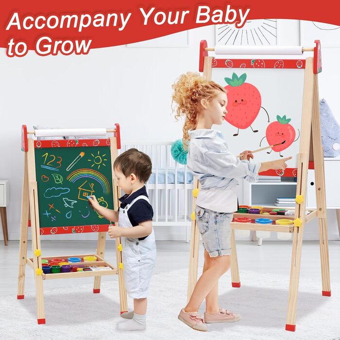Дитяча мольберт Kinder Staffelei 3 в 1: регульована висота, подвійний бік, з рулоном паперу, 100+ аксесуарів для малювання, для дітей 3-8 років (червоний)
