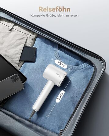 Іонний фен для волосся DEWILY з дифузором 1800Вт, 3 температурні режими, компактний дорожній фен для кучерявого волосся, білий