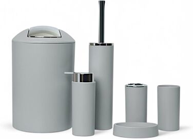 Набір аксесуарів для ванної кімнати 6tlg Badset: мильниця, стакан для зубних щіток, відро для косметики, щітка для унітазу та тримач, мильниця, сміттєвий бак, тримач для зубних щіток (Сірий, дизайн 2a)