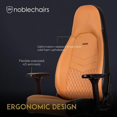 Noblechairs ICON Cognac/Schwarz: Ігровий крісло з екошкіри, 150 кг, ергономічний офісний крісло з підлокітниками
