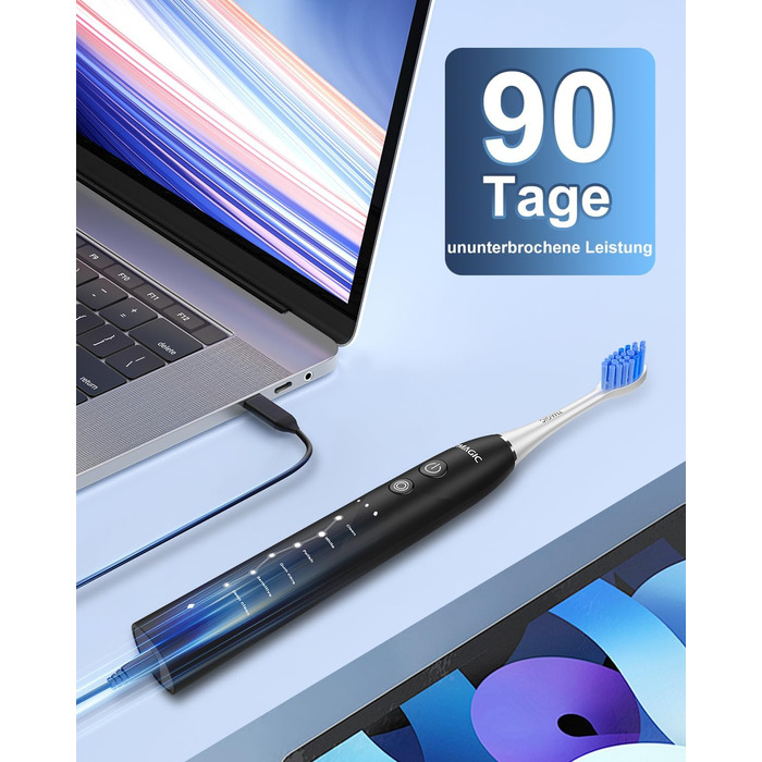 Електрична зубна щітка Sonic з 6 режимами, 3 інтенсивностями, 40000 вібрацій/хв, IPX7, акумулятор 90 днів, таймер, для подорожей, чорна