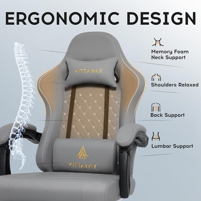 Ігровий крісло Vittanly з пружинними подушками, ергономічний геймерське крісло з підголовником, поперековою подушкою та підставкою для ніг, регульоване по висоті, поворотне ігрове крісло, офісне крісло, 150 кг, сірий