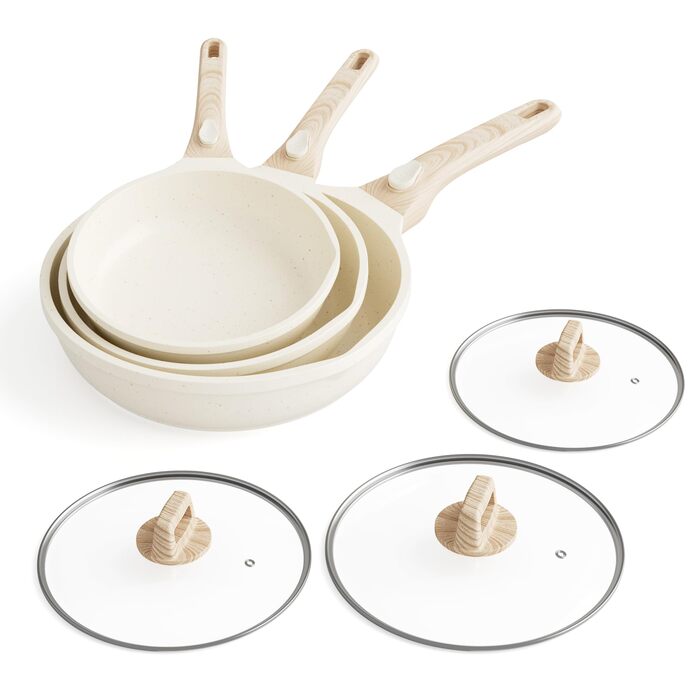Набір сковорідок RIOVARM з індукційним покриттям, знімними ручками та кришками (20/24/28 см), антипригарне покриття без PFOA, для всіх типів плит, безпечне для миття в посудомийній машині та випікання в духовці, бежевий, 3 шт.