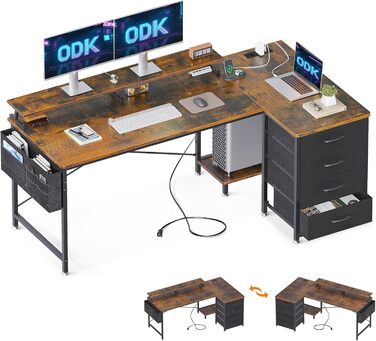 Кутовий стіл ODK L-подібний, 160x80x84.7 см з 4 висувними ящиками та USB-портами для дому та офісу, коричневий
