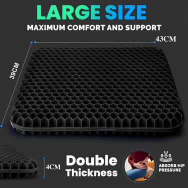 Ортопедична гелева подушка на сидіння для офісного крісла, авто та візків — м'яка подушка з антиковзаючим знімним чохлом, чорна (43x39x4 см)