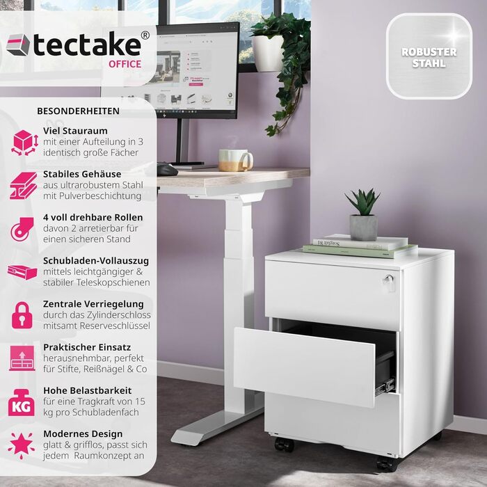Шкафчик для офісу tectake® з металу, з ключем, на колесах, з висувними ящиками. Органайзер для столу, мобільний шафчик, білий