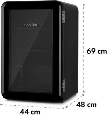 Міні-холодильник Klarstein з дверцятами зі скла, 48 л, для кімнати та офісу, з висувною полицею, тихий, 0-10°C, чорний