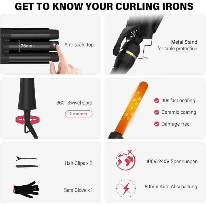 Набір локшини Janelove 5 в 1: керамічний локшик 10-32 мм з різними насадками, регульована температура, рукавички та нейлонова сумка (рожеве золото)