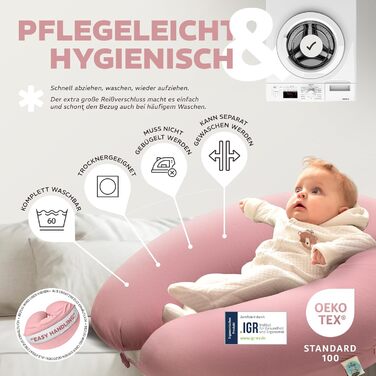 Подушка для годування та вагітності sei Design XXL 190x35 см, ергономічна подушка для сну на боці з чохлом з 100% органічної бавовни (муслін), пастельно-рожева