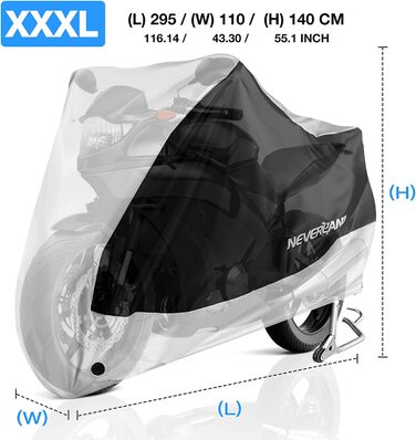 Чохол для мотоцикла, чохол для мотоцикла на відкритому повітрі і в приміщенні, водонепроникний, дихаючий, для гаража для мотоциклів, на зиму, Vespa Chopper, чорний/сріблястий, XXXL, XXXL(295x110x140 см).