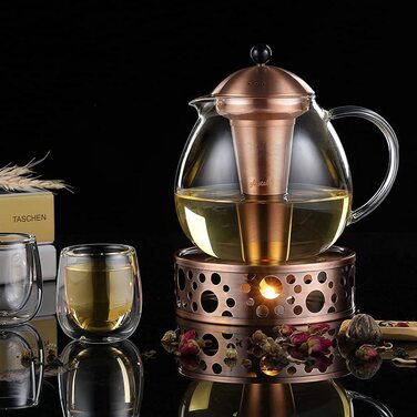 Скляний скляний Срібний чайник з нержавіючої сталі 18/8, ситечко для чаю з боросилікатного скла, чайник, підходить для підігріву чаю (бронзовий чайник Type3-1, 1500 мл)