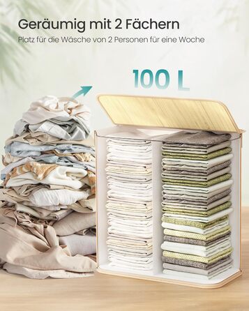 SONGMICS Кошик для білизни 95 л з кришкою, бамбук, з ручками, складний, знімний мішок для прання, для пральні, LCB060Y01