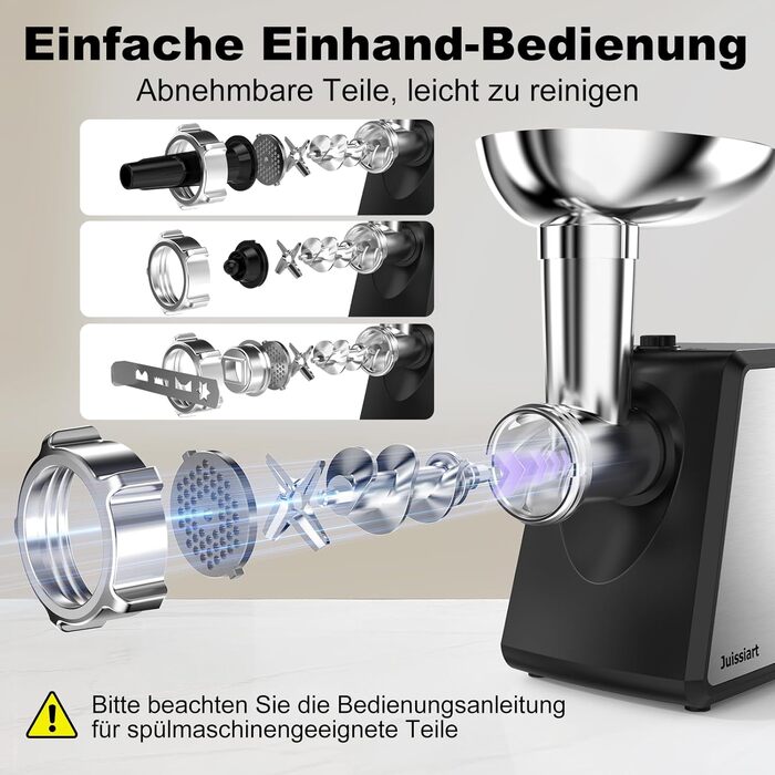 Електрична м'ясоподрібнювач Fleischwolf Juissiart: подрібнювач, фарш, ковбасний насадка, нержавіюча сталь, 3 диски, для кеббе, універсальний