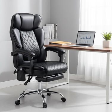 Крісло офісне з масажем та підігрівом, ергономічне, з підніжкою, поворотне на 360°, регульована спинка (94-125°), чорне