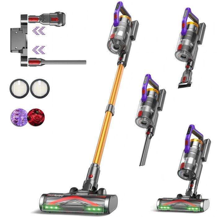 Акумуляторний пилосос KIPMAX 50000Pa, 550W, 70хв, 1.5л, з дисплеєм, анти-заплутальна щітка, 7-шаровий фільтр, 2 аромапластини, для килимів, шерсті тварин, твердих підлог, фіолетово-золотий