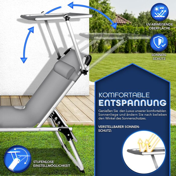 Сонячне ліжко Tillvex® з дахом та подушкою для голови | Садове ліжко, розкладний шезлонг | Пляжне ліжко з регульованою спинкою | Алюмінієве ліжко (Базовий рівень, сірий)