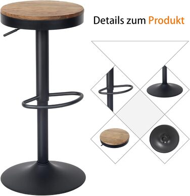 Барні стільці Kidol & Shellder 2 шт. Регульована висота, поворотні на 360°, кругла дерев'яна стільниця на металевому каркасі, чорний колір. Підходять для кухні, бару, вітальні.