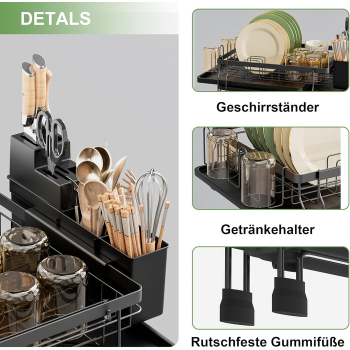Сушарка для посуду ROTTOGOON розширювана, чорна: складана стійка з нержавіючої сталі, зливний жолоб та відділення для столових приборів