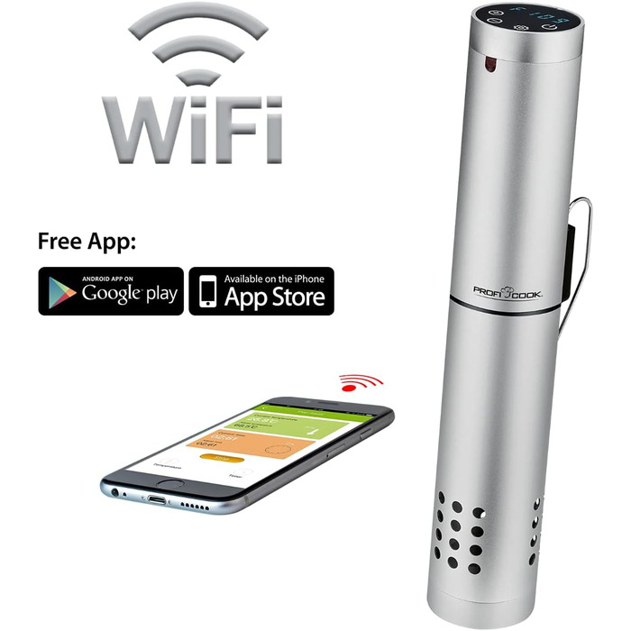ProfiCook® Sous Vide Garer PC-SV 1159: Су-від прилад з Wi-Fi, 1000 Вт, діапазон температур 0-90°C, автоматичні програми, корпус з алюмінію, LED дисплей, функція автоматичного вимкнення