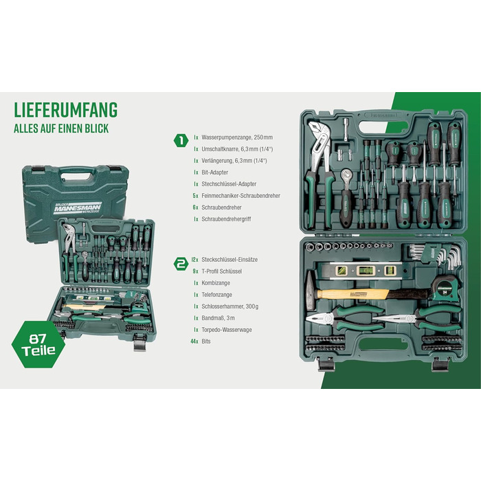 Набір інструментів Brüder Mannesmann 87 предметів у кейсі з Cr-V сталі: викрутки, плоскогубці, молоток, рівень, головки та біти M29084
