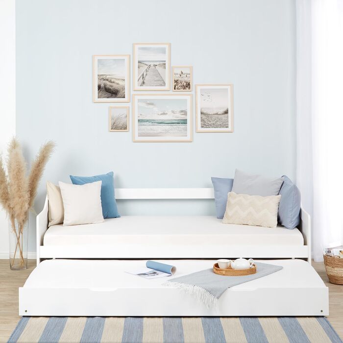 Висувне ліжко Homestyle4u 90x200 з ящиком для зберігання, з ламелями, для дітей, з дерева (сосна), білий