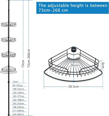 Телескопічна душова полиця DAMAI без свердління Душова полиця з нержавіючої сталі Кутова полиця з нержавіючої сталі Полиця для ванної кімнати Полиця для ванної кімнати з 4 кошиками для ванни та ванної кімнати Нержавіюча 73-266 см (чорна)