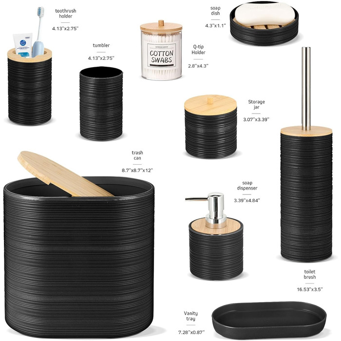 Набір аксесуарів для ванної кімнати IMAVO, 9 предметів, чорний: миска для мила, диспенсер для мила, тримач для зубних щіток, стакан для зубних щіток, тримач для туалетного йоржика, диспенсер для ватних паличок