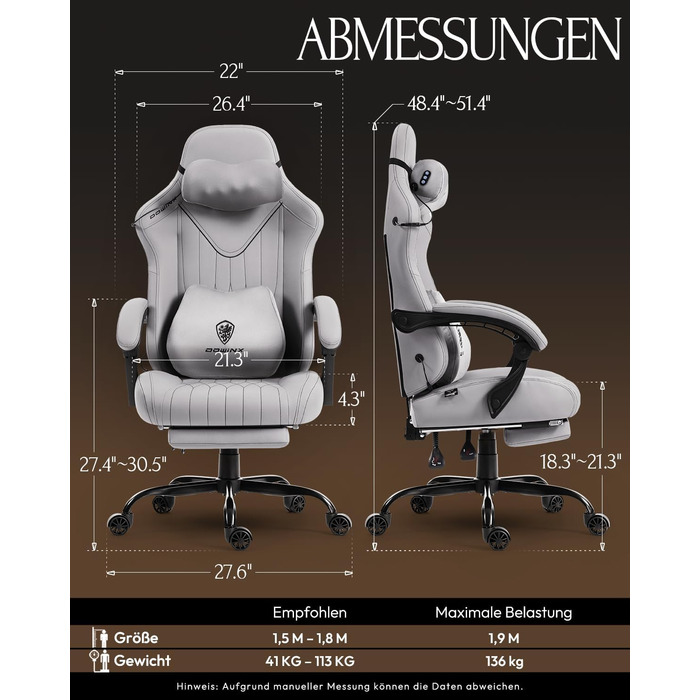 Ігровий крісло Dowinx з масажем, ергономічний дизайн, підтримка попереку та шиї, до 135 кг, шкіра, чорний (сірий), для дорослих