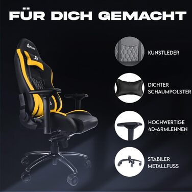 Ігровий крісло KLIM Esports – PC крісло з регульованою спинкою, підлокотниками 4D, подушками для голови та попереку, 170 кг, тиха база – жовтий