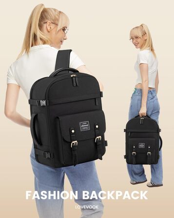 LOVEVOOK Рюкзак для ручної поклажі, жіночий рюкзак для подорожей, водонепроникний рюкзак для ноутбука 17 дюймів, шкільний рюкзак для жінок/студенток, чорний/коричневий (45x32x15 см)