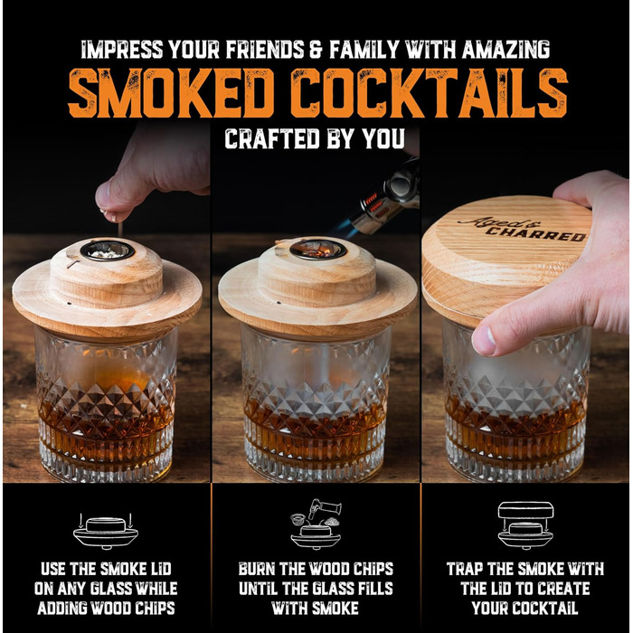 Набір для копчення віскі з факелом та сиропом у ретро-стилі – 8 смаків дерев'яної стружки – подарунок для чоловіків Bourbon, набір для копчення коктейлів – кришка з дубової деревини з США (без бутану), стандартний набір з ліхтариком