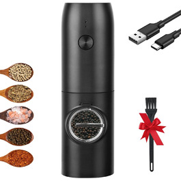 Млинок для солі та перцю Dallfoll електричний, керамічний млинок USB, світлодіодне підсвічування, регульований ступінь помелу, щітка (чорний)