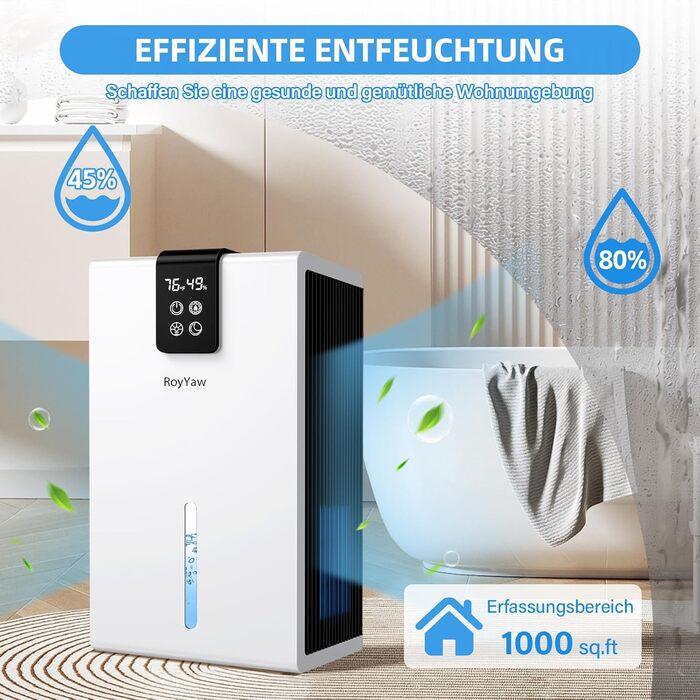 Електричний осушувач повітря, тихий, 2700 мл, LED дисплей, автоматичне відтавання, режим сну, проти вологи та плісняви, для спальні/ванної кімнати, білий