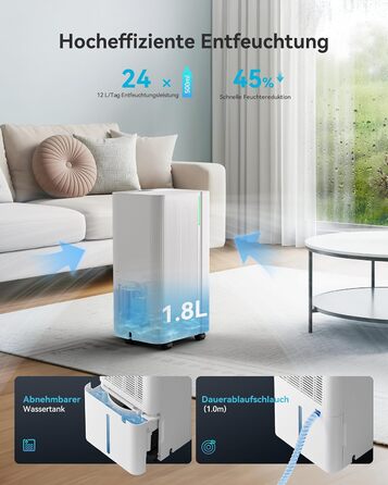 EUHOMY Електричний осушувач повітря для підвалу з відведенням води, тихий та економічний, з автоматичним розморожуванням, таймером, для квартири до 50 м² (12 л/день)