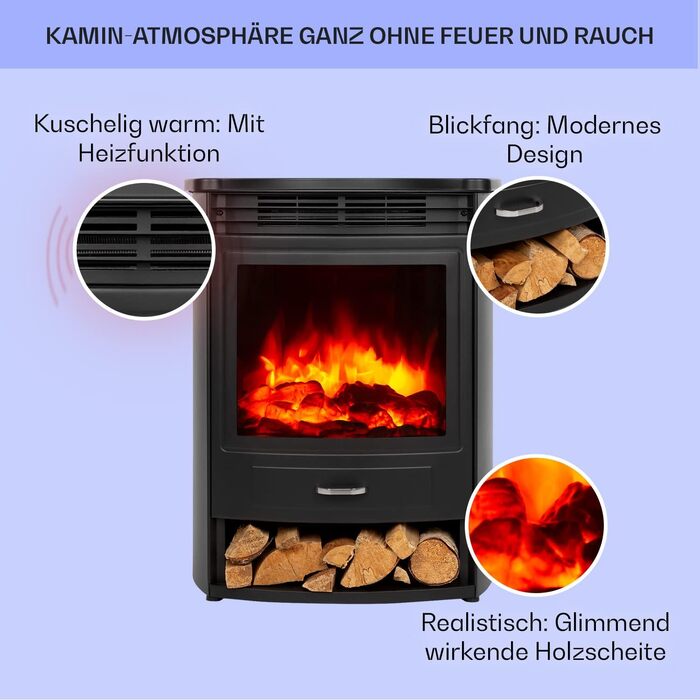 Електрокамін Klarstein Bormio S Smart, 1900 Вт, електричний обігрівач для вітальні, LED-імітація полум'я, з термостатом, таймером і пультом, чорний