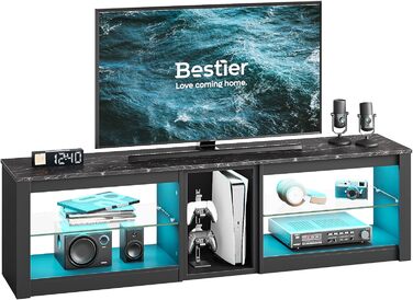 Тумба під телевізор Bestier: низький комод для телевізорів до 65 дюймів, 160x35x52 см, з RGB-підсвіткою, органайзером для кабелів та регульованою скляною полицею. Чорний колір.