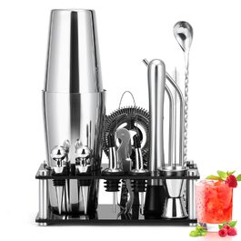 Набір для коктейлів Cinnani 15 предметів з підставкою, нержавіюча сталь, професійний шейкер-бостонський, подарунковий набір для бармена