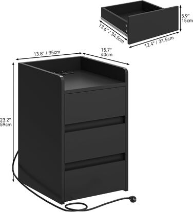 Тумбочка YITAHOME з 3 ящиками, зарядна станція, USB, розетки, водонепроникна, 35x40x60см (чорна)