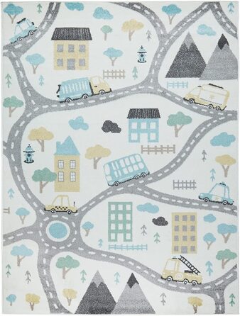 Домашній килим TT, дитячий килим для дитячої кімнати, килимок для ігор для хлопчиків і дівчаток, дорожні гірські машини, колір розмір (200x280 см, сіро-блакитний кремовий)