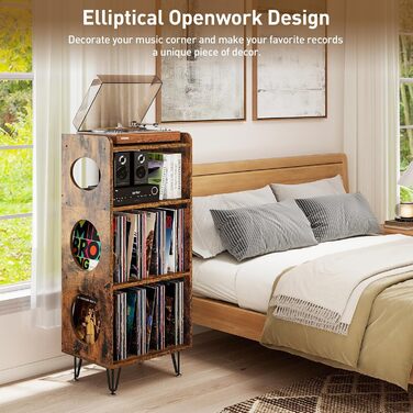 Стійка для програвача 4 яруси, вінтажний приліжний столик, полиця для програвача з місцем для зберігання платівок, дерев'яний стійкий для платівок, уміщує 300+ альбомів, для вітальні, спальні, офісу, коричневий