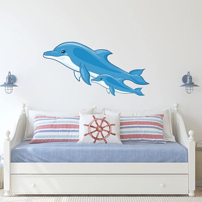 Наклейка на стіну з витонченим дизайном у вигляді дельфіна у ванній 2 синіх дельфіна наклейка на стіну Дитяча / наклейка на стіну ванна кімната, двері, наклейка на плитку клейка плівка для вологої плитки, (112x57 см)