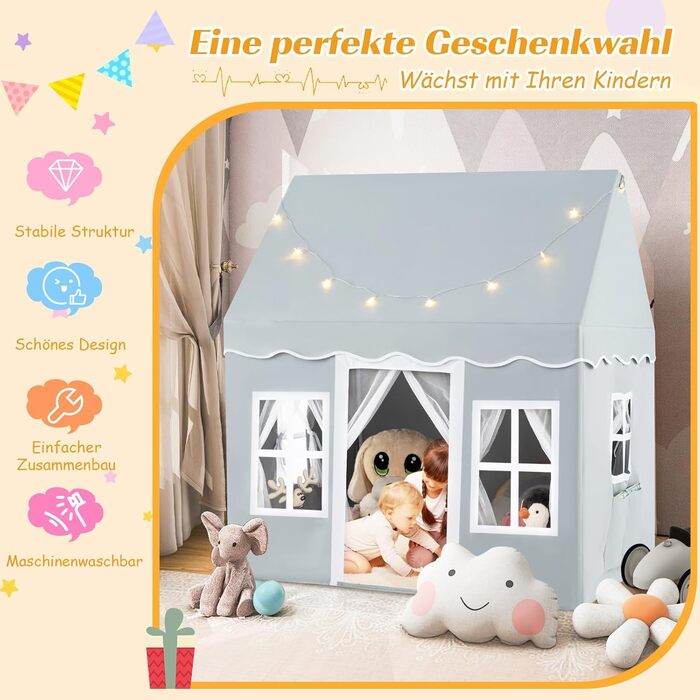 Дитячий намет DREAMADE з гірляндою та килимком, Тіпі, ігровий будиночок з вікнами, для хлопчиків та дівчаток, для дому та вулиці (Сірий)