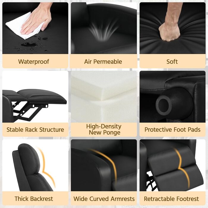 Крісло-релакс Yaheetech з регульованим нахилом, чорне, для вітальні, спальні, домашнього кінотеатру, штучна шкіра