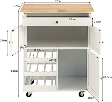 Кухонний візок COSTWAY на колесах, сервірувальний візок з ящиками, винна стійка та стільниця, дерево (білий)