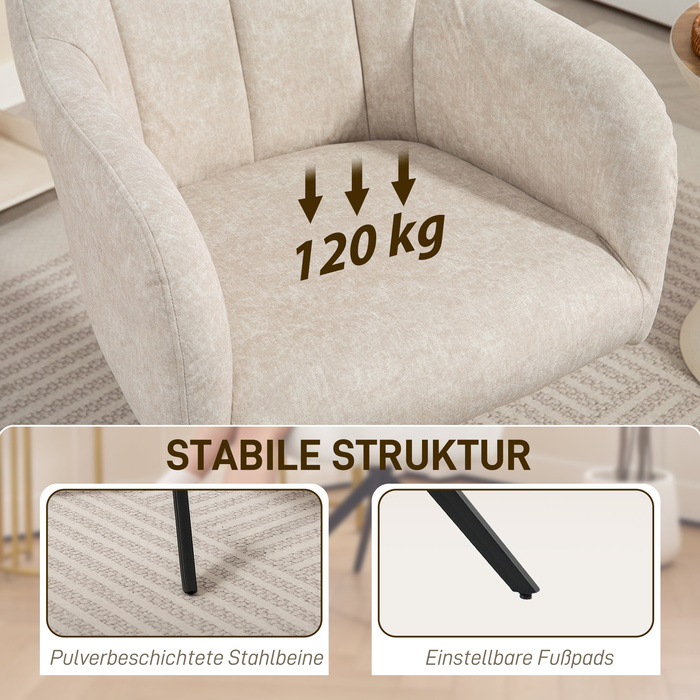 Крісло-акцент на поворотній базі, м'яке крісло з тканинною оббивкою, з підлокітниками, сталеві ніжки, ідеально підходить для вітальні, спальні, офісу, бежевого кольору.