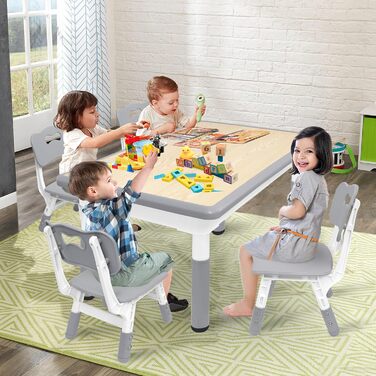 Дитячий стіл з 4 стільцями AufuN, регульована висота, комплект для дитячої кімнати, садка, класу. Легко миється, пластикові меблі (сірий)