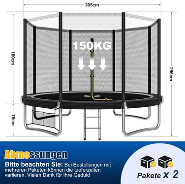 Батут JUMMICO вуличний Ø305 см з драбиною та сіткою захисту, чорний - для дітей та дорослих, сертифікат GS