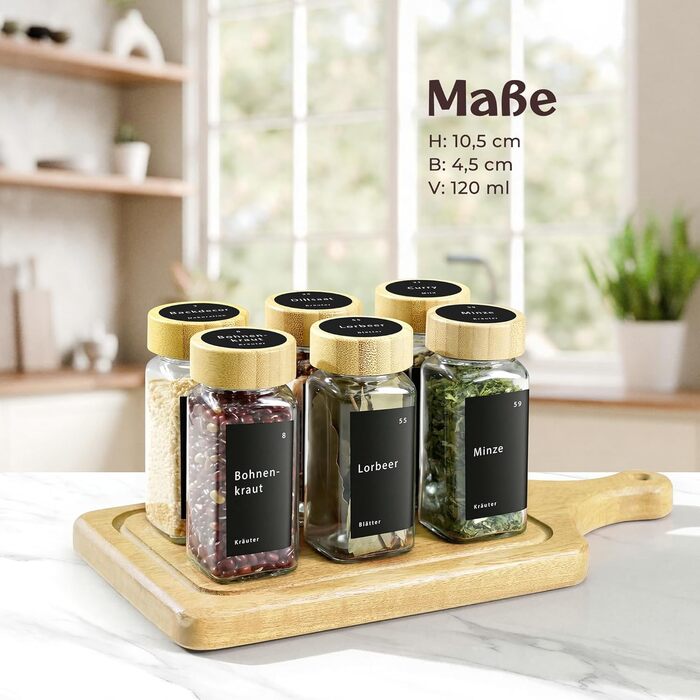 Набір скляних баночок для спецій - 24 шт. з етикетками та бамбуковими кришками, 120 мл, з дозаторами та аксесуарами. Набір контейнерів для спецій, натуральний дизайн