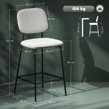 Набір з 2 барних стільців, обідні стільці з підніжкою, оксамитова оббивка, сталеві ніжки, для їдальні, 45 x 49 x 102 см, світло-сірий